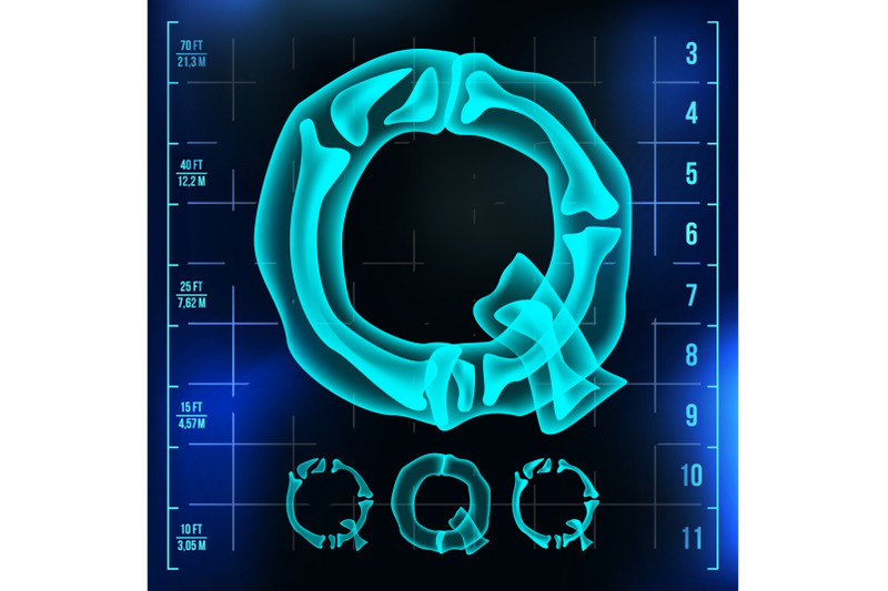 q-letter-vector-capital-digit-roentgen-x-ray-font-light-sign-medical-radiology-neon-scan-effect-alphabet-3d-blue-light-digit-with-bone-medical-hospital-pirate-futuristic-style-illustration