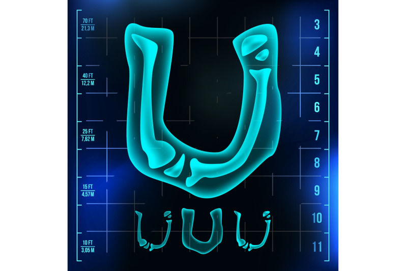 u-letter-vector-capital-digit-roentgen-x-ray-font-light-sign-medical-radiology-neon-scan-effect-alphabet-3d-blue-light-digit-with-bone-medical-hospital-futuristic-horror-style-illustration