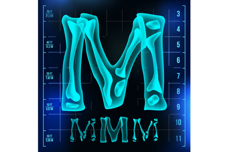 m-letter-vector-capital-digit-roentgen-x-ray-font-light-sign-medical-radiology-neon-scan-effect-alphabet-3d-blue-light-digit-with-bone-medical-hospital-pirate-futuristic-style-illustration