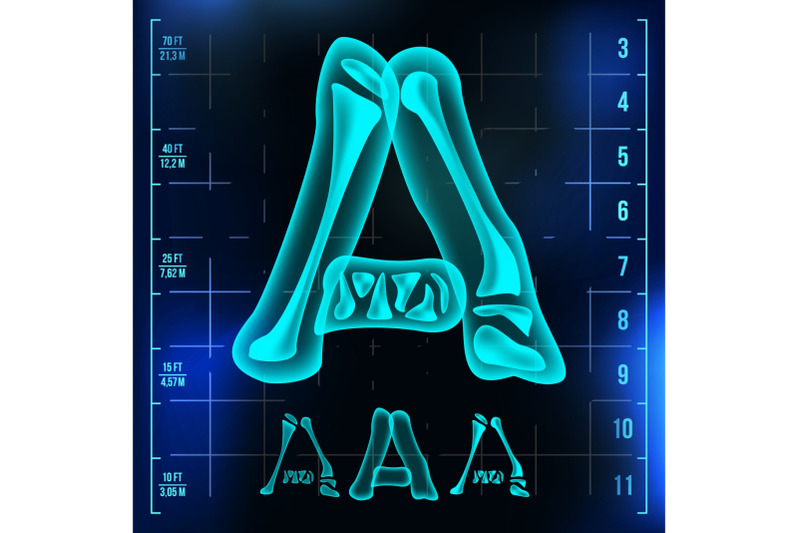 a-letter-vector-capital-digit-roentgen-x-ray-font-light-sign-medical-radiology-neon-scan-effect-alphabet-3d-blue-light-digit-with-bone-medical-hospital-futuristic-horror-style-illustration