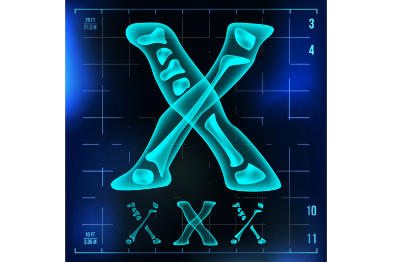 x-letter-vector-capital-digit-roentgen-x-ray-font-light-sign-medical-radiology-neon-scan-effect-alphabet-3d-blue-light-digit-with-bone-medical-hospital-pirate-futuristic-style-illustration