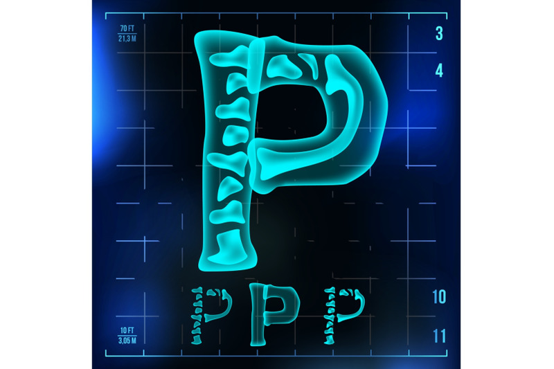 p-letter-vector-capital-digit-roentgen-x-ray-font-light-sign-medical-radiology-neon-scan-effect-alphabet-3d-blue-light-digit-with-bone-medical-hospital-pirate-futuristic-style-illustration