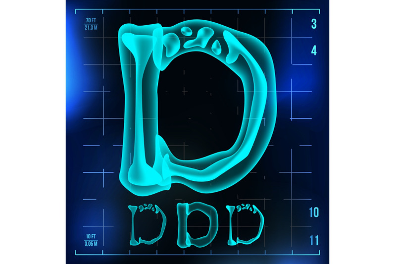 d-letter-vector-capital-digit-roentgen-x-ray-font-light-sign-medical-radiology-neon-scan-effect-alphabet-3d-blue-light-digit-with-bone-medical-hospital-futuristic-horror-style-illustration