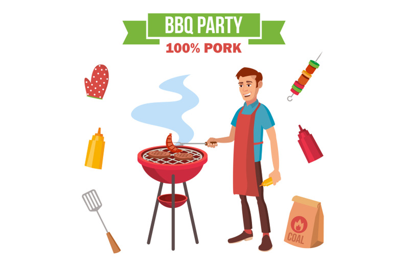 bbq-grill-meat-cooking-vector-man-cooking-meat-outdoor-rest-cartoon-character-illustration