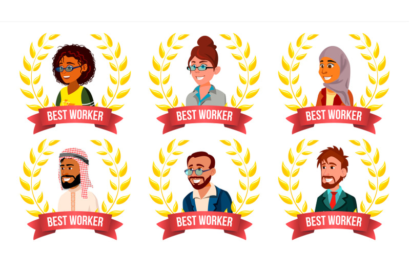 best-worker-employee-set-vector-man-woman-arab-turkish-european-afro-american-award-of-the-year-gold-wreath-the-most-great-results-smiling-leader-business-cartoon-illustration