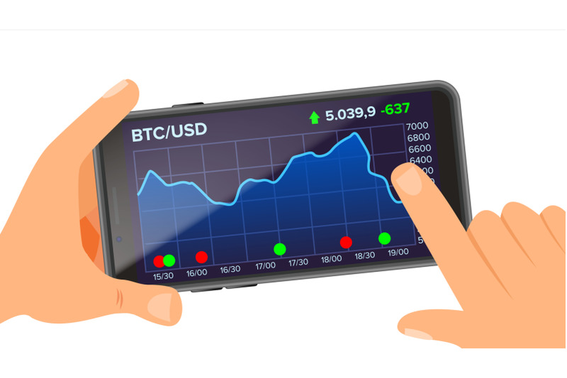 bitcoin-application-vector-hand-holding-smartphone-bitcoin-app-with-graph-trend-diagram-investment-concept-trading-design-concept-isolated-flat-illustration