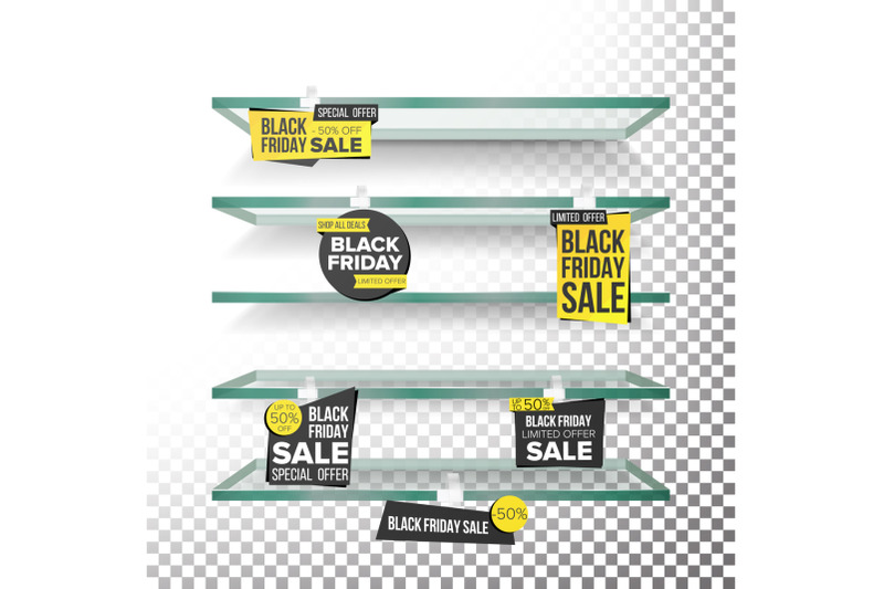 empty-supermarket-shelves-black-friday-sale-wobblers-vector-price-tag-labels-black-friday-selling-card-discount-sticker-sale-banners-isolated-illustration