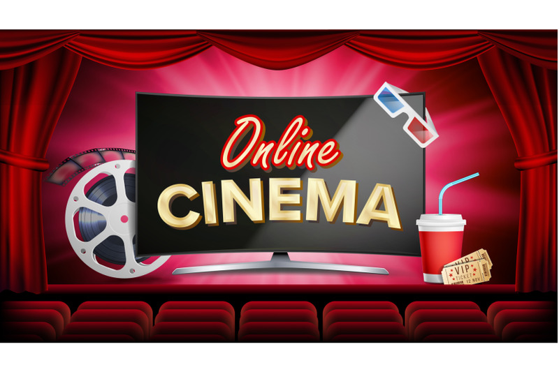 online-cinema-vector-banner-with-computer-monitor-red-curtain-theater-3d-glasses-film-strip-cinematography-online-movie-banner-poster-illustration