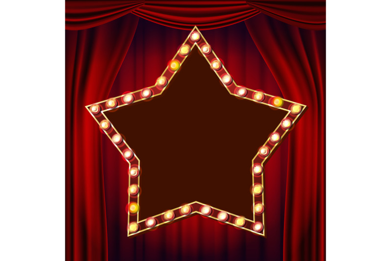 retro-star-billboard-vector-red-theater-curtain-shining-light-sign-board-3d-electric-glowing-star-element-vintage-golden-illuminated-neon-light-carnival-circus-casino-style-illustration