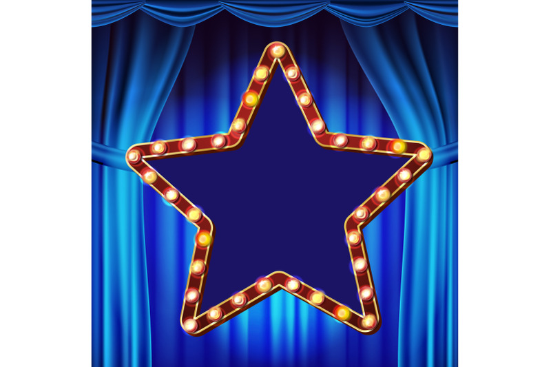 retro-star-billboard-vector-blue-theater-curtain-shining-light-sign-board-realistic-shine-lamp-frame-3d-electric-glowing-element-carnival-circus-casino-style-illustration