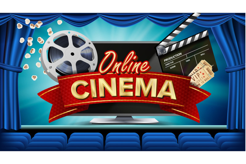 online-cinema-banner-vector-realistic-computer-monitor-movie-brochure-design-theater-curtain-template-banner-for-movie-premiere-show-marketing-luxury-poster-illustration