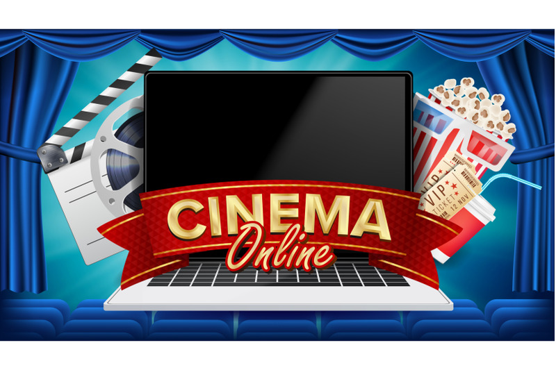 online-cinema-poster-vector-modern-laptop-concept-home-online-cinema-theater-curtain-package-full-of-jumping-popcorn-luxury-banner-poster-illustration