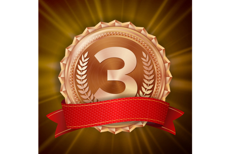 bronze-medal-vector-round-championship-label-ceremony-winner-honor-prize-red-ribbon-realistic-illustration