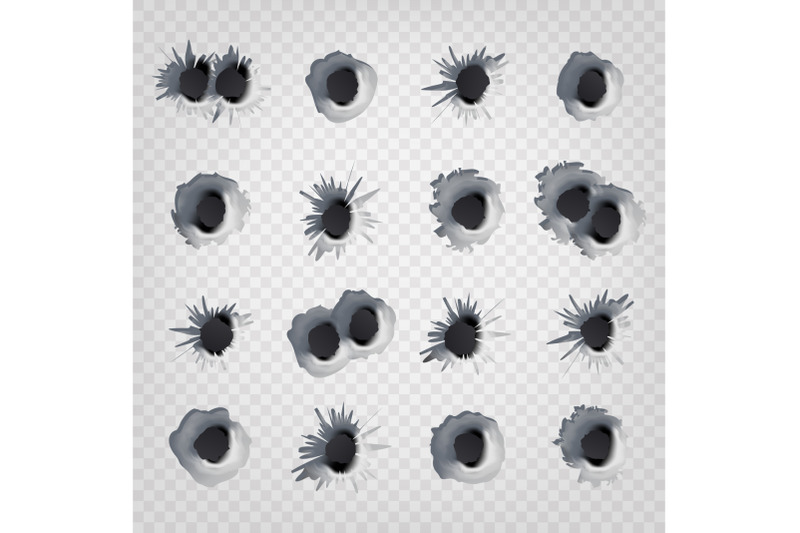 bullet-holes-in-metal-wall-vector-realistic-caliber-weapon-holes-isolated-on-transparent-background-gunshot-cracked-bullets-holes-effect-damage-illustration