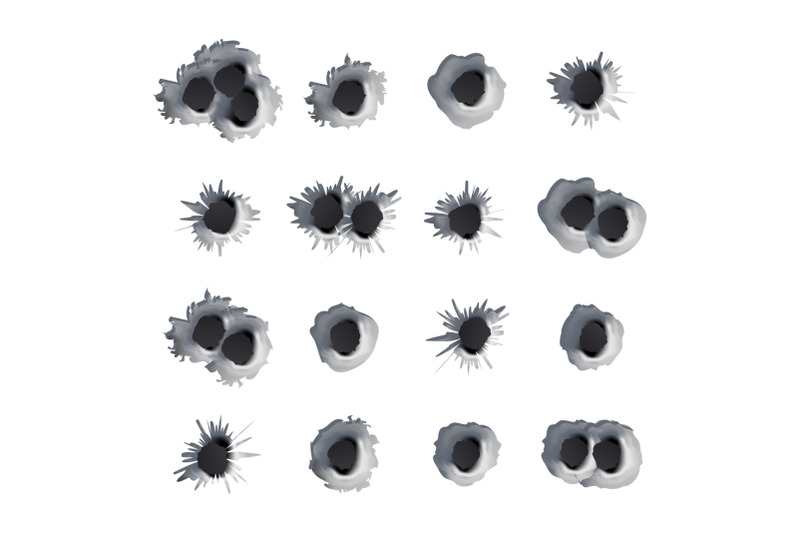 metal-bullet-holes-set-vector-realistic-caliber-weapon-holes-punched-through-metal-isolated-gunshot-cracked-bullets-holes-effect-damage-illustration