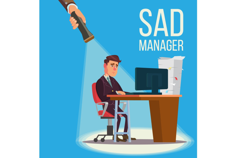 sad-manager-businessman-vector-sitting-at-the-workplace-falling-concept-failure-financial-debt-flashlight-and-hand-flat-illustration