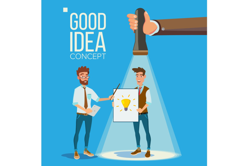 good-idea-vector-concept-smiling-office-workers-standing-flashlight-pointing-clerk-with-good-idea-business-meeting-teamwork-brainstorming-or-presentation-of-the-project-flat-illustration