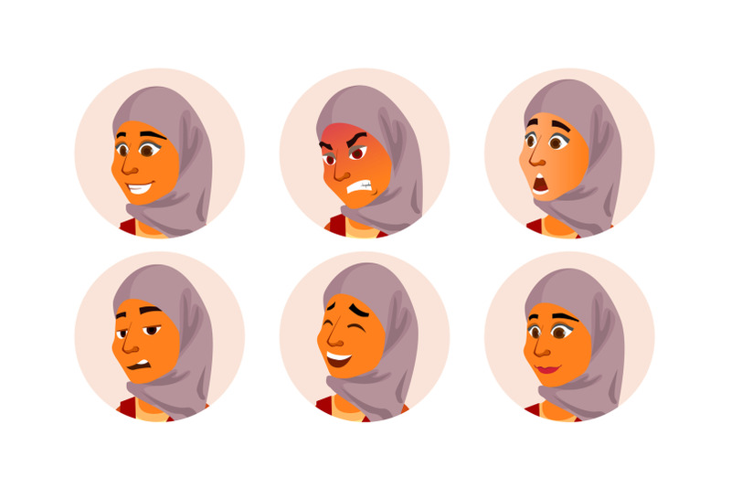 arab-avatar-woman-vector-facial-emotions-traditional-clothes-islamic-hijab-arab-muslim-user-portrait-scared-aggressive-happiness-unhappy-modern-employer-isolated-flat-cartoon-illustration