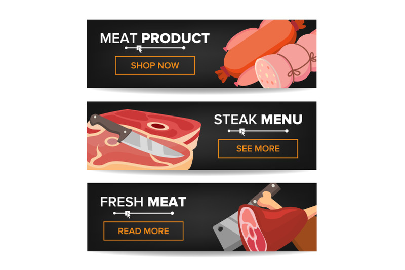 meat-product-horizontal-promo-banners-vector-beef-and-pork-sausage-for-butcher-shop-promo-isolated-illustration