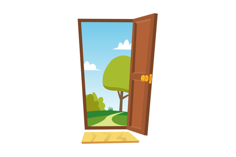 opened-door-vector-cartoon-flat-summer-landscape-front-view-freedom-concept-isolated-illustration