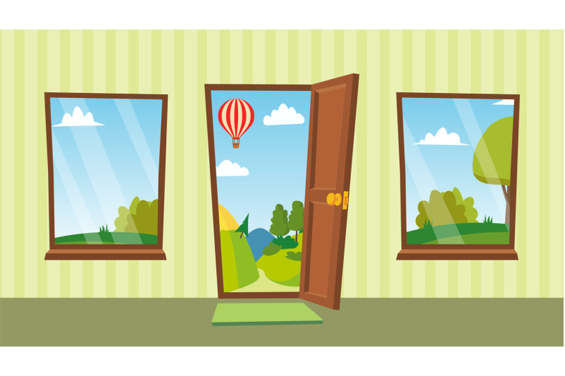 opened-door-and-windows-vector-cartoon-flat-summer-landscape-home-interior-front-view-freedom-concept-isolated-illustration