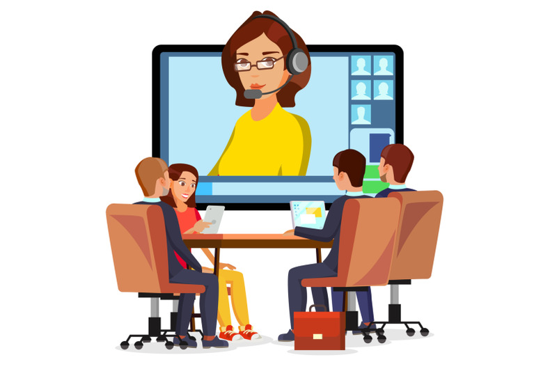 video-meeting-online-vector-woman-and-chat-ceo-and-employees-business-meeting-consultation-conference-office-seminar-online-training-concept-flat-cartoon-isolated-illustration