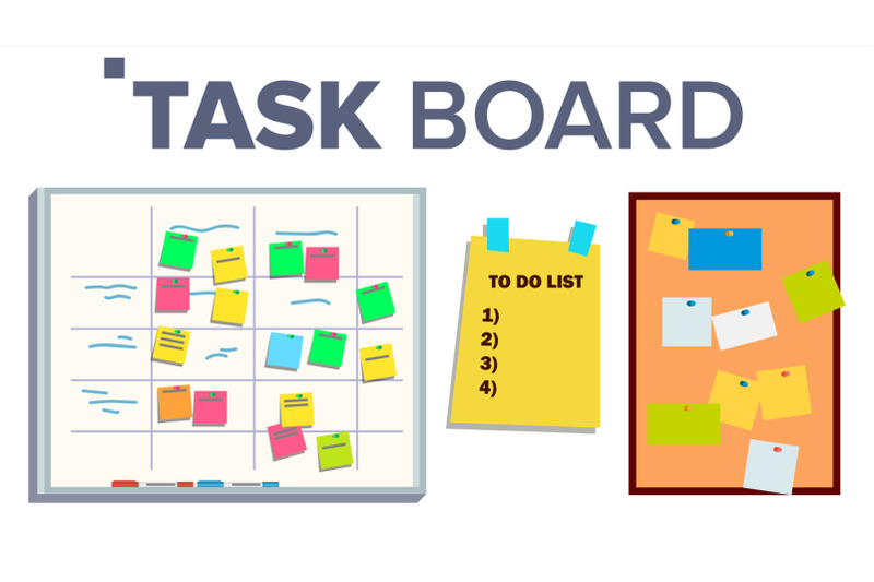 task-board-set-vector-sticker-notes-scrum-tasks-for-team-work-progress-white-board-isolated-illustration