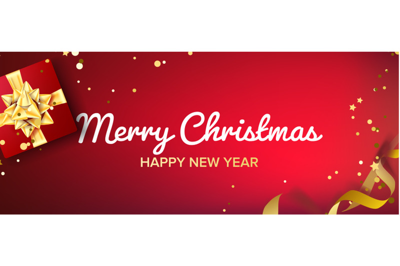 merry-christmas-banner-vector-gifts-box-with-gold-bow-red-horizontal-background-illustration
