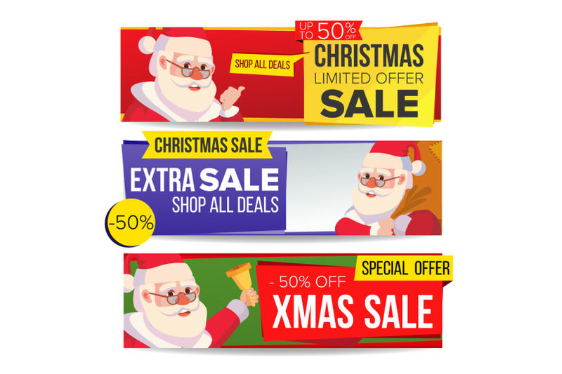 christmas-sale-banner-vector-merry-christmas-santa-claus-discount-tag-special-xmas-offer-horizontal-banners-winter-discount-and-promotion-half-price-holidays-stickers-isolated-illustration