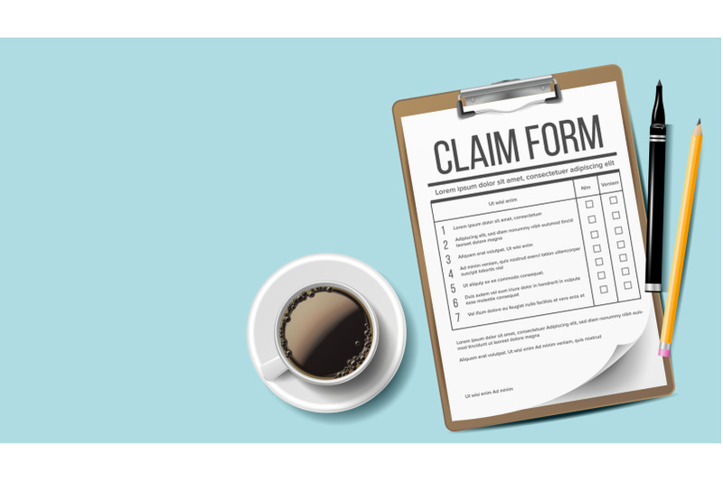 claim-form-vector-medical-office-paperwork-clipboard-background-coffee-cup-pencil-realistic-illustration