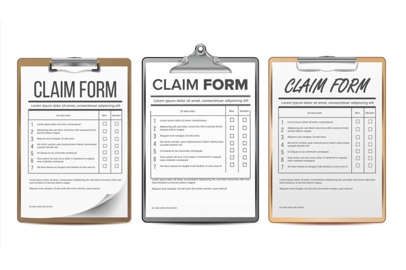claim-form-set-vector-business-agreement-legal-document-insurance-realistic-illustration
