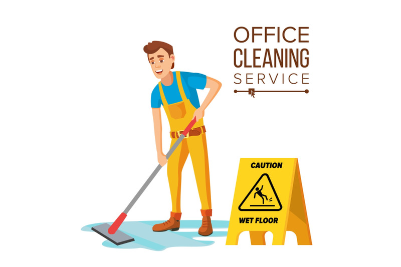 professional-office-cleaner-vector-janitor-with-cleaning-equipment-flat-cartoon-illustration