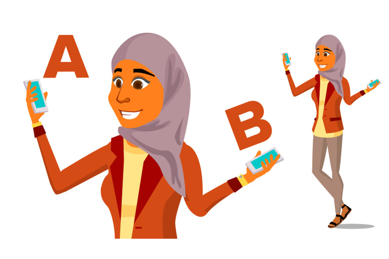 arab-woman-comparing-a-with-b-vector-good-idea-carrying-a-balance-blogger-review-compare-and-choose-isolated-flat-cartoon-illustration