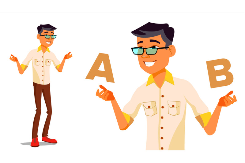 asian-man-comparing-a-with-b-vector-good-idea-carrying-a-balance-blogger-review-compare-and-choose-isolated-flat-cartoon-illustration