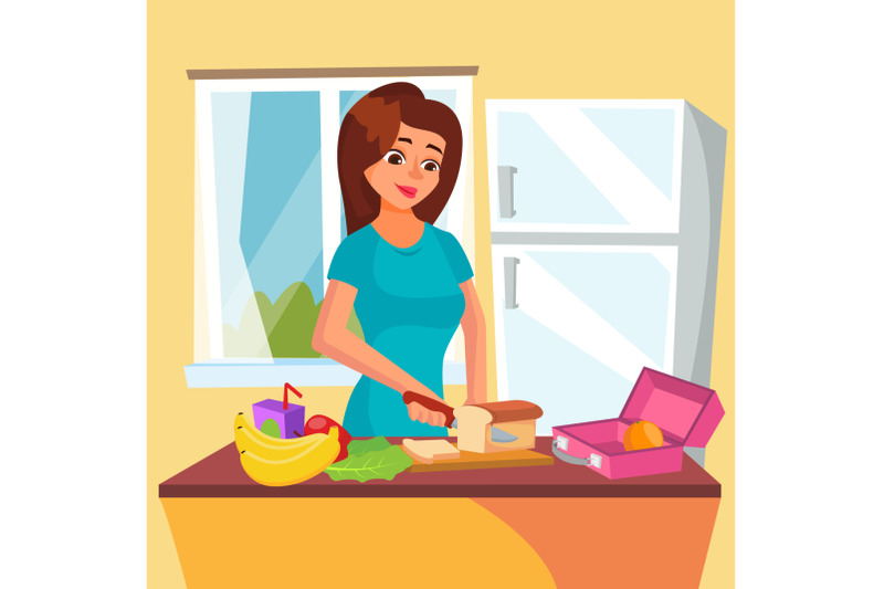 lunch-box-vector-classic-lunch-box-with-sandwich-vegetables-water-almonds-fruits-woman-in-kitchen-preparing-a-lunch-box-healthy-food-isolated-on-white-cartoon-character-illustration