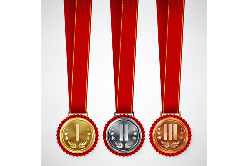 gold-silver-bronze-place-badge-medal-set-vector-realistic-achievement-with-first-second-third-placement-round-championship-label-red-rosette-winner-honor-prize-sport-game-challenge-award