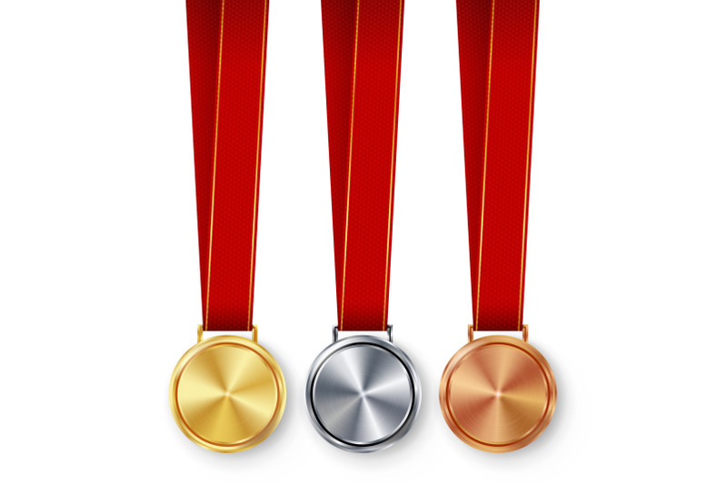 champion-medals-blank-set-vector-metal-realistic-first-second-third-placement-prize-classic-empty-medals-concept-red-ribbon-laurel-wreath-sport-game-golden-silver-bronze-achievement-template