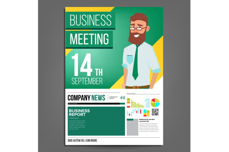 business-meeting-poster-vector-businessman-layout-template-presentation-concept-green-yellow-corporate-banner-a4-size-analyzing-sales-statistics-financial-results-presentation-illustration