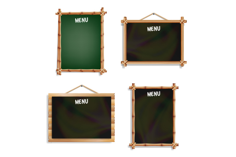 restaurant-menu-boards-set-isolated-on-white-background-realistic-black-and-green-chalkboard-blank-with-wooden-frame-hanging-vector-illustration