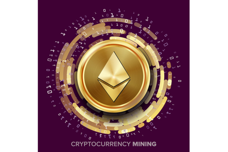 mining-ethereum-cryptocurrency-vector-golden-coin-digital-stream-futuristic-money-fintech-blockchain-processing-binary-data-arrays-operation-cryptography-financial-technology-illustration