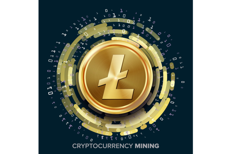 mining-litecoin-cryptocurrency-vector-golden-coin-digital-stream-futuristic-money-fintech-blockchain-processing-binary-data-arrays-operation-cryptography-financial-technology-illustration