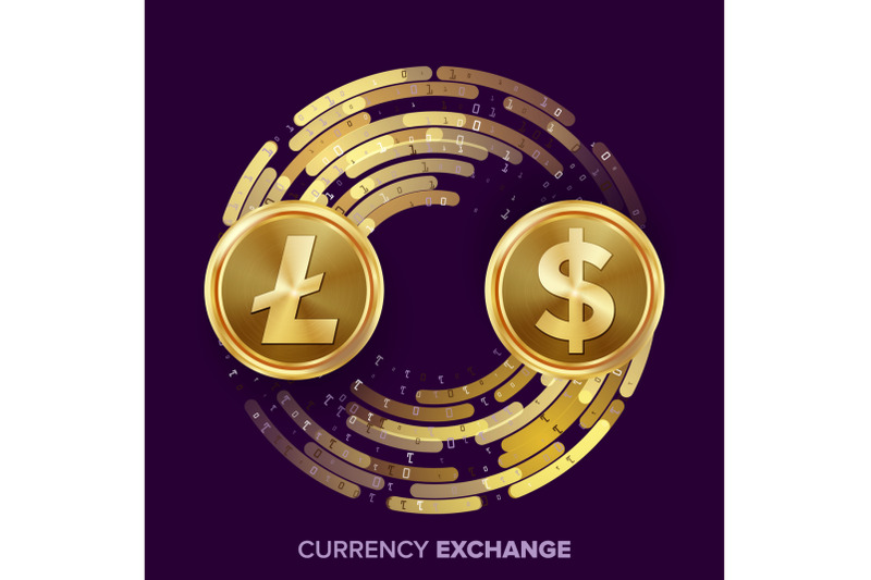 digital-currency-money-exchange-vector-litecoin-dollar-fintech-blockchain-gold-coins-with-digital-stream-cryptography-conversion-commercial-operation-business-investment-financial-illustration