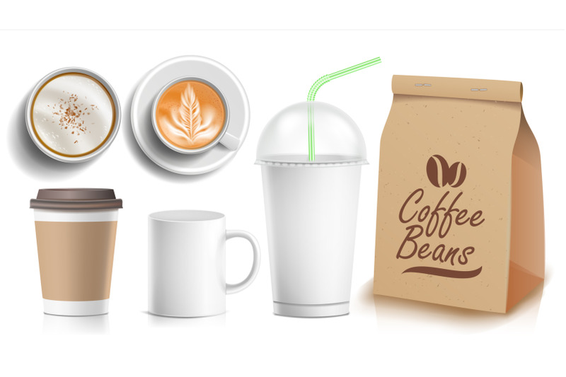 coffee-packaging-template-design-vector-white-coffee-mug-ceramic-and-paper-plastic-cup-top-side-view-blank-foil-packaging-isolated-illustration
