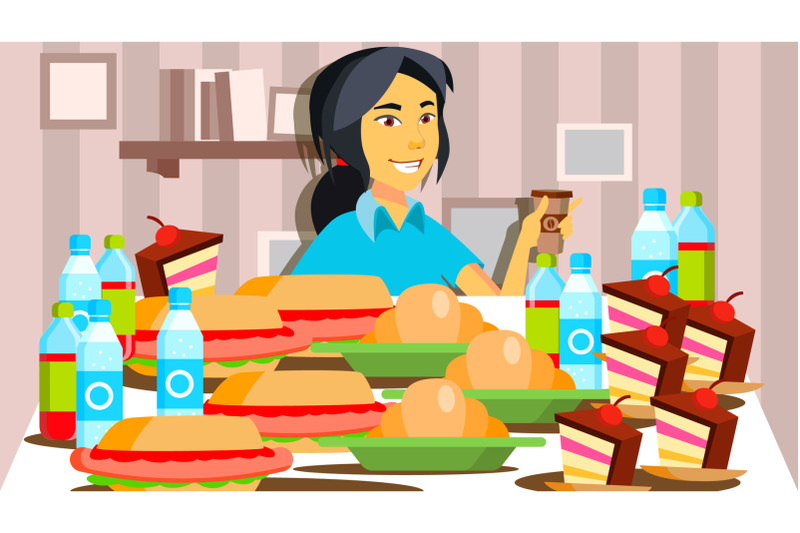 mukbang-eating-show-vector-girl-eating-show-recording-online-live-broadcast-asian-social-media-illustration