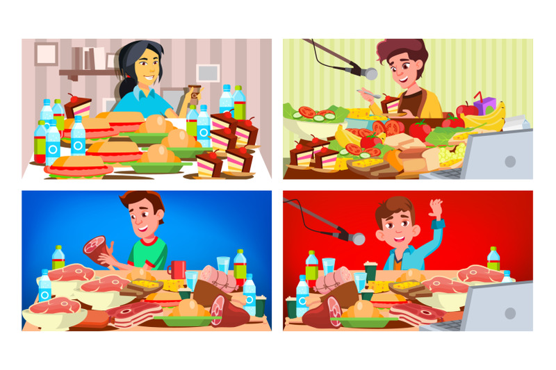 mukbang-eating-show-vector-girl-guy-eating-show-recording-online-live-broadcast-asian-social-media-cooking-a-lot-of-food-korean-illustration