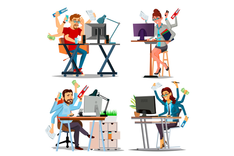 multiple-tasks-business-concept-vector-set-person-many-hands-doing-tasks-professional-occupation-skill-of-multitasking-financial-occupation-talented-worker-plodding-worker-cartoon-illustration