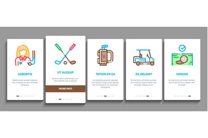 golf-game-equipment-onboarding-elements-icons-set-vector