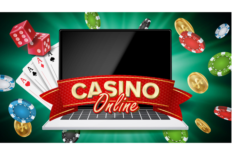 online-casino-banner-vector-realistic-laptop-gambling-casino-banner-sign-explosion-chips-playing-dice-illustration