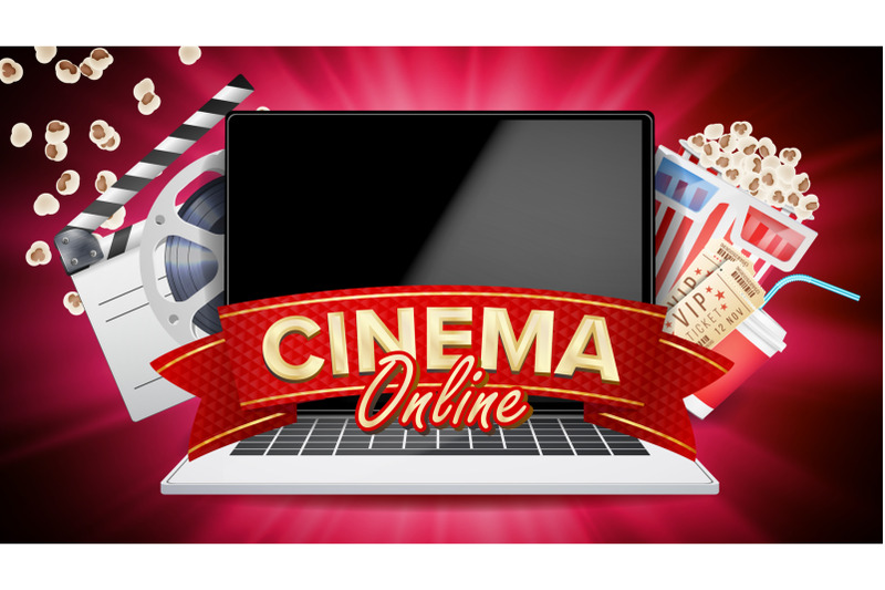 online-cinema-vector-banner-with-laptop-film-industry-elements-film-tape-for-cinematography-billboard-promo-concept-illustration