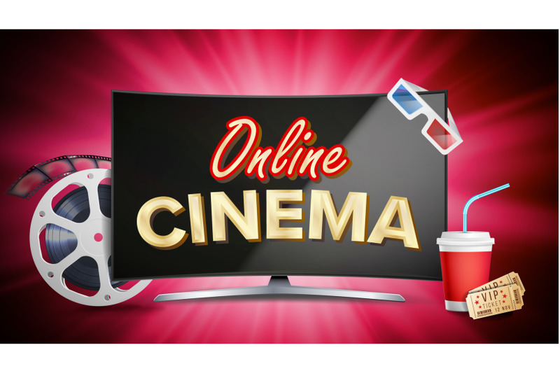 online-cinema-poster-vector-modern-computer-monitor-concept-filmstrip-reel-film-clapper-vintage-ticket-popcorn-marketing-luxury-illustration